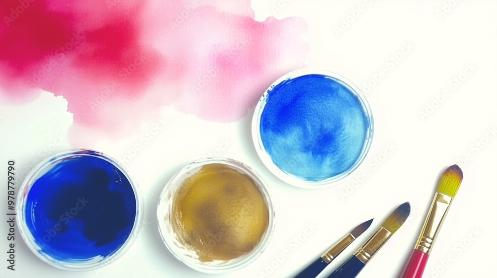 Art brushes are lying near colorful gouache jars and abstract watercolor strokes on white paper, the concept of creativity Art brushes are lying near colorful gouache jars and abstract watercolor strokes on white paper, the concept of creativity