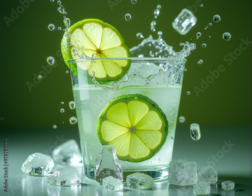 Refreshing Lime Water Splash with Ice Cubes photo