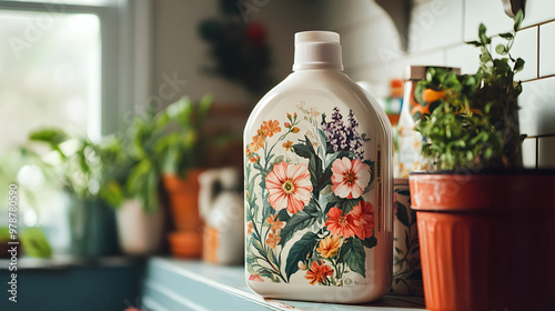 close-up of a floral-scented laundry detergent bottle with blooming flowers printed on the label photo