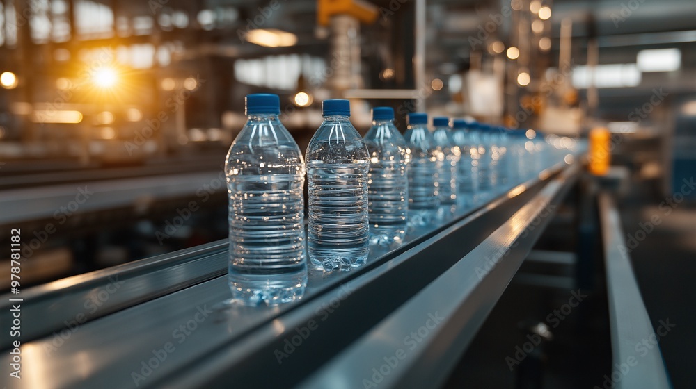 A modern manufacturing plant with a conveyor belt system producing bottled water, under bright lighting A modern manufacturing plant with a conveyor belt system producing bottled water, under bright lighting