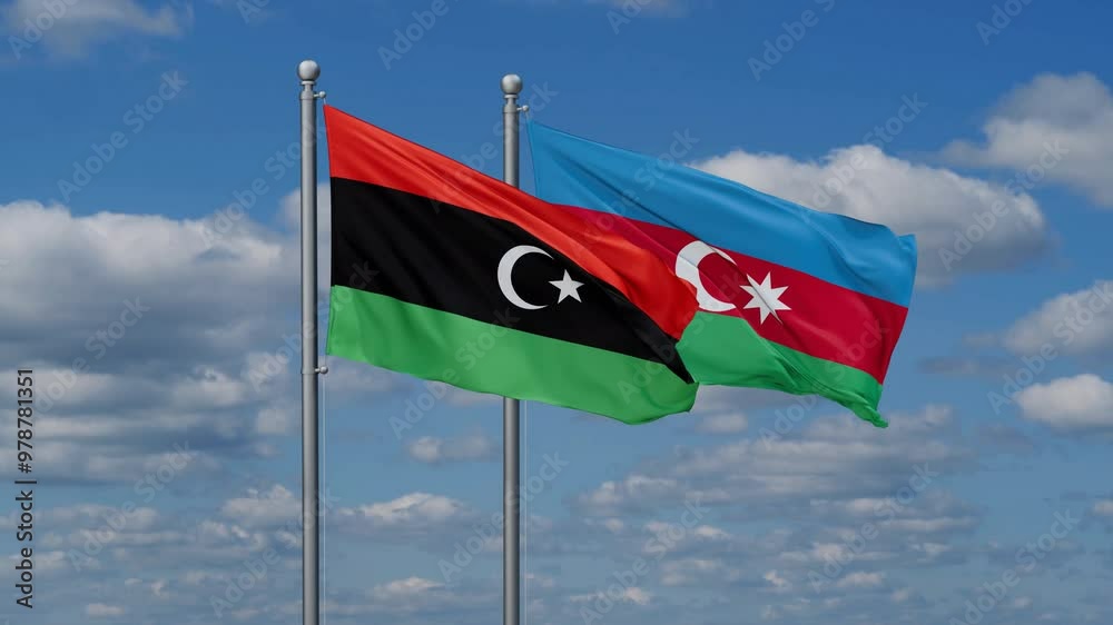 Azerbaijan and Libya flags flying together, video concept of the relationship, two country cooperation concept Azerbaijan and Libya flags flying together, video concept of the relationship, two country cooperation concept