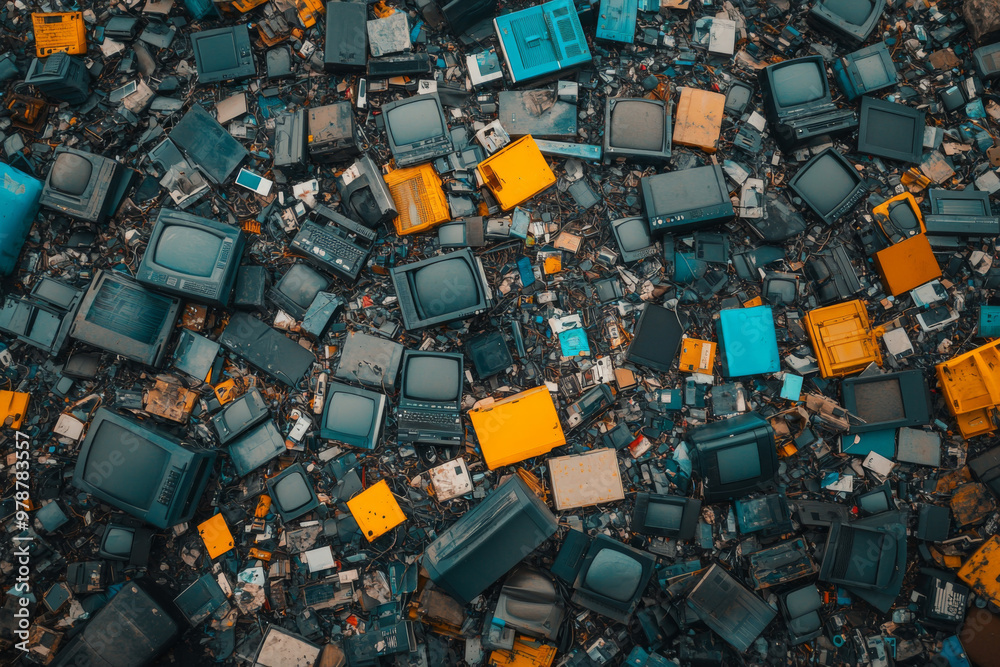 A large landfill site is overflowing with abandoned electronic devices, showcasing a chaotic array of old televisions and various tech components, highlighting e-waste issues. A large landfill site is overflowing with abandoned electronic devices, showcasing a chaotic array of old televisions and various tech components, highlighting e-waste issues.