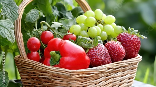 Abundant Harvest: Colorful Fruits and Vegetables Overflowing in Rustic Wicker Basket