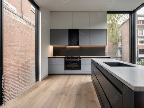 Modern Kitchen with Gray Cabinets, White Countertops, and Stainless Steel Appliances