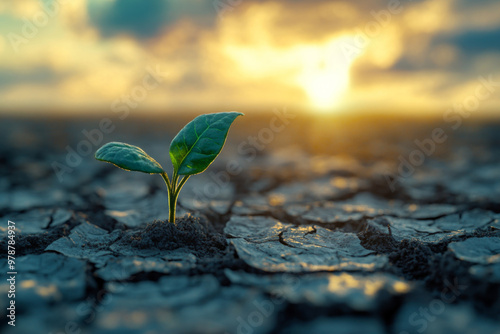 A single green plant pushes through a parched cracked field, highlighting resilience in a drought-stricken area as the sun sets in the background, casting a warm glow.