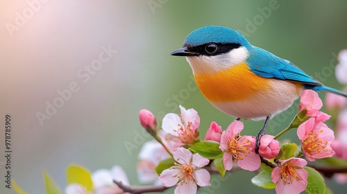 Colorful Bird Sitting on Blossoming Bush in Vibrant Surroundings