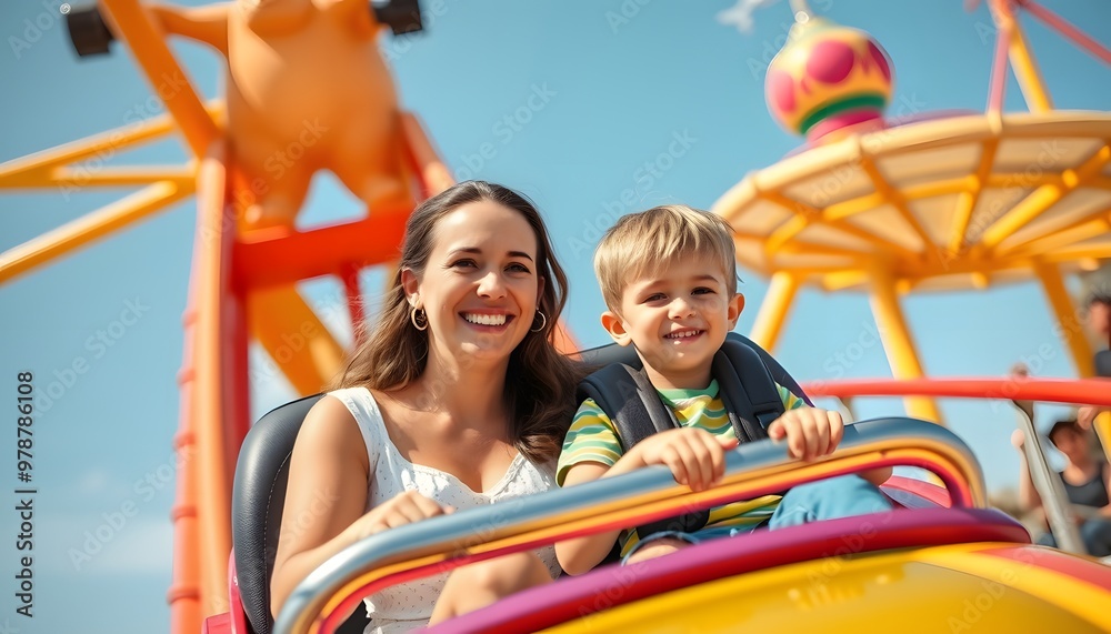 Obraz premium Happy Mother and Son Enjoying a Ride at an Amusement Park