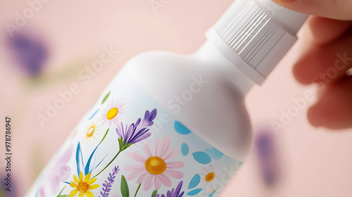 close-up of lavender and chamomile floral detergent being measured and poured photo