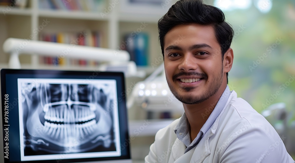 Handsome Indian male dentist smiling at the camera while sitting in front of a computer monitor. A dental x-ray is visible on the screen. The background shows a bright, clean and modern dental office. Handsome Indian male dentist smiling at the camera while sitting in front of a computer monitor. A dental x-ray is visible on the screen. The background shows a bright, clean and modern dental office.