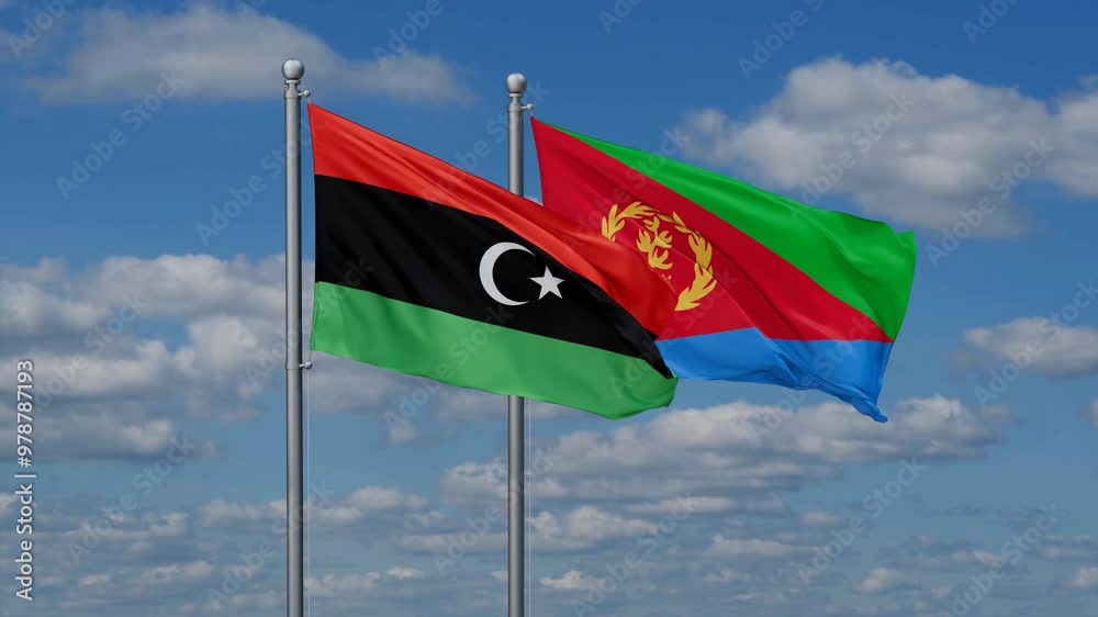 Eritrea and Libya flags flying together, video concept of the relationship, two country cooperation concept Eritrea and Libya flags flying together, video concept of the relationship, two country cooperation concept