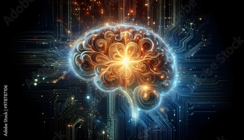 Glowing brain with swirling patterns depicting machine intelligence and data processing. Brainpower concept. 