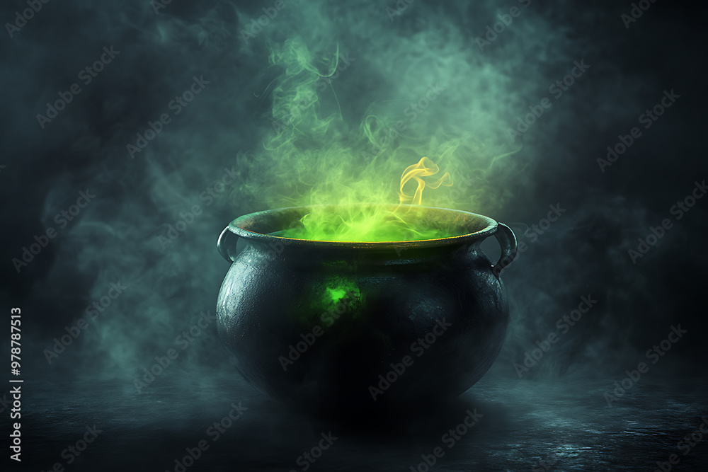 A mystical cauldron emits green smoke, suggesting potion-making or magical rituals. A mystical cauldron emits green smoke, suggesting potion-making or magical rituals.