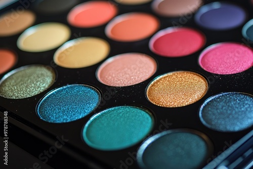 Colorful eyeshadow palette with vibrant shades, perfect for makeup artistry and creative beauty applications.