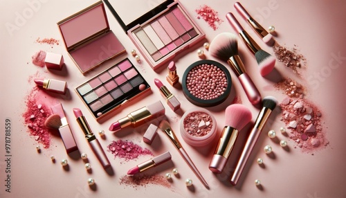 Flat lay of pink makeup products including lipsticks, eyeshadows, blush, brushes, and pearls on a soft pink background.