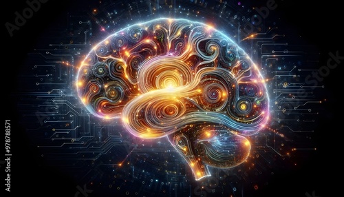 Glowing brain with swirling patterns depicting machine intelligence and data processing. Brainpower concept. 