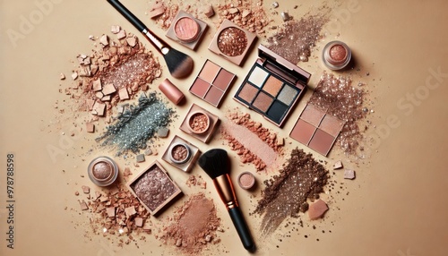 Flat lay of various makeup products including eyeshadows, blush, highlighter, and brushes scattered on a beige background. Beauty and cosmetics concept.