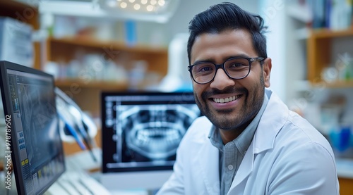 Handsome Indian male dentist smiling at the camera while sitting in front of a computer monitor. A dental x-ray is visible on the screen. The background shows a bright, clean and modern dental office.