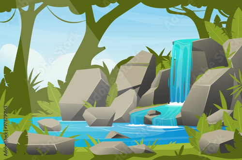 Cartoon waterfall landscape. Jungle background with river cascade flows down rocks. Natural area. Water flowing in mountains. Creek streams. Scenic panorama. Vector rainforest scenery