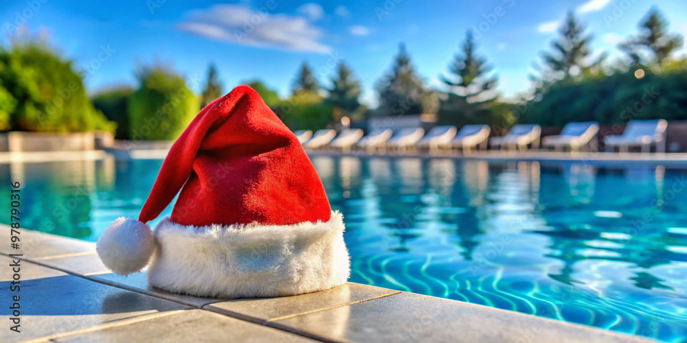 Fototapeta premium Christmas hat by the swimmingpool. Created with Generative AI