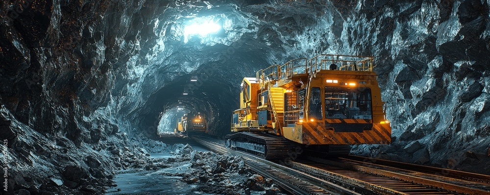 The scene depicts a tunnel boring machine advancing through a rocky tunnel, with conveyor belts diligently moving the extracted rock and material, illustrating the efficiency of modern tunneling The scene depicts a tunnel boring machine advancing through a rocky tunnel, with conveyor belts diligently moving the extracted rock and material, illustrating the efficiency of modern tunneling