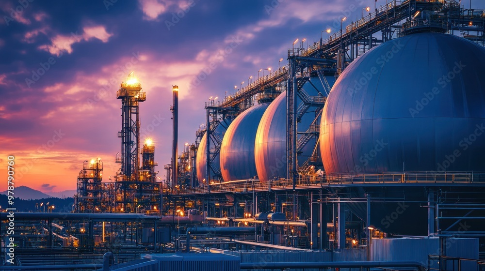 A close-up of gas storage tanks at an LNG facility, ready for transport to international markets via tanker ships A close-up of gas storage tanks at an LNG facility, ready for transport to international markets via tanker ships