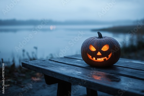 Scary pumpkin on wooden planks photo