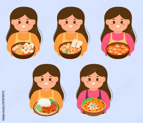 The girl with Indonesian spicy food set collection vector illustration photo