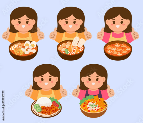 The girl with Indonesian spicy food set collection vector illustration
