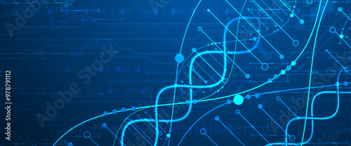 Scientific and technological background. Image of dna molecule with technological elements. Hand drawn vector.