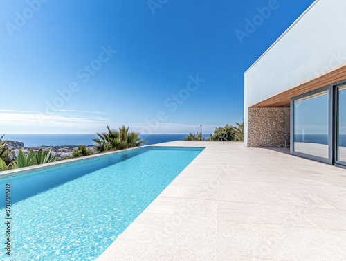 Luxury villa with infinity pool overlooking the ocean in a sunny Mediterranean location