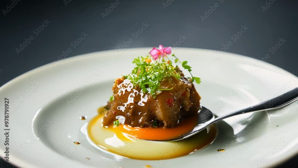 Meticulously plated amuse-bouche on a custom spoon, garnished with microgreens and edible flowers. Meticulously plated amuse-bouche on a custom spoon, garnished with microgreens and edible flowers.