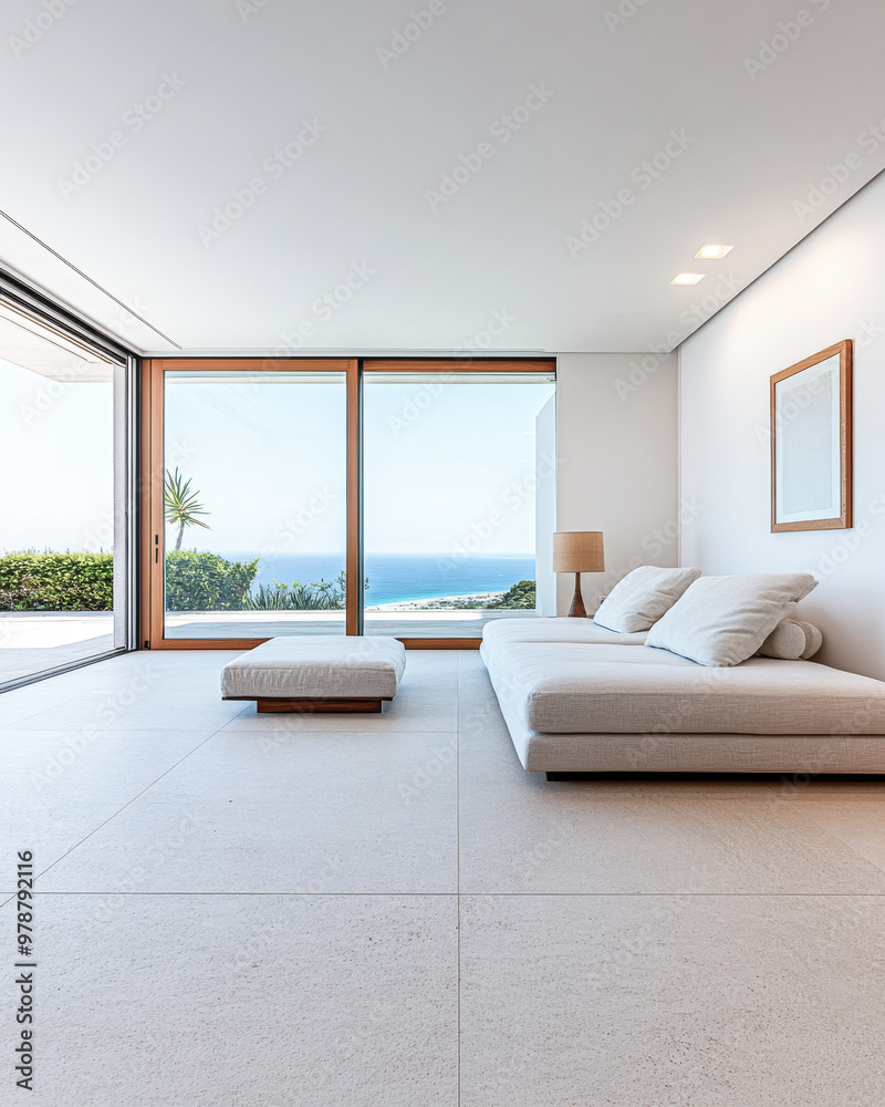 Fototapeta premium Minimalistic coastal living room with ocean view showcasing serene design and natural light during daytime
