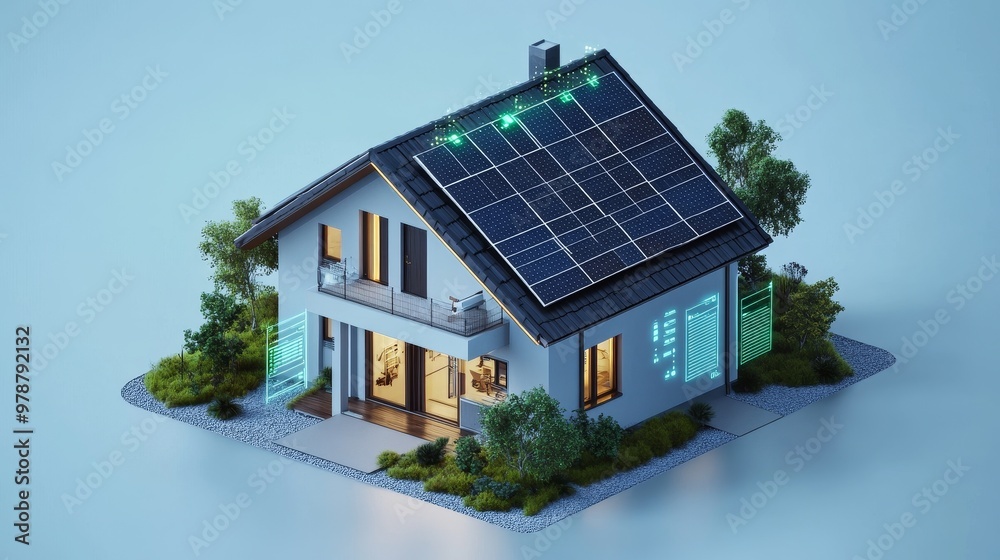 Futuristic Smart Home Concept with Solar Panels and Energy Data Visualization on Blue Background