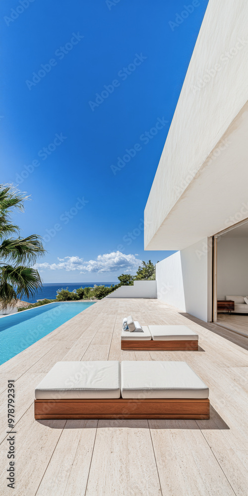 Fototapeta premium Serene outdoor space with lounge chairs beside a pool and ocean view on a sunny day in a modern architectural setting