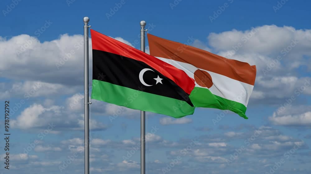 Niger and Libya flags flying together, video concept of the relationship, two country relations concept