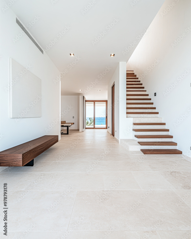 Modern interior design of a spacious hallway and staircase with ocean views, showcasing minimalism and natural light Modern interior design of a spacious hallway and staircase with ocean views, showcasing minimalism and natural light