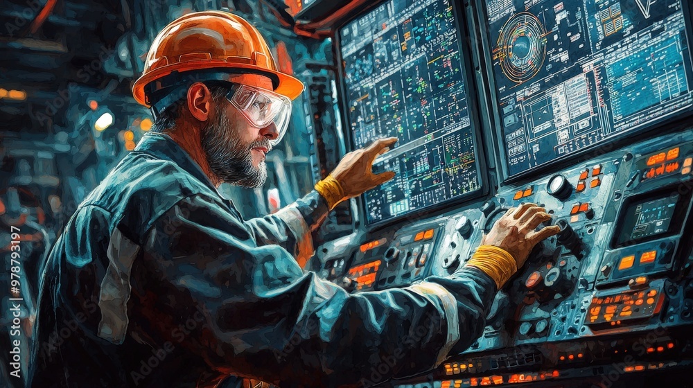 Obraz premium Close-up of an engineer in a hard hat and safety gear managing an elaborate industrial control panel, surrounded by numerous screens and dials, emphasizing their role in overseeing intricate