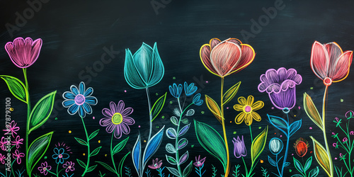 Colorful Chalk Drawn Flowers on Black Chalkboard Vibrant Botanical Art