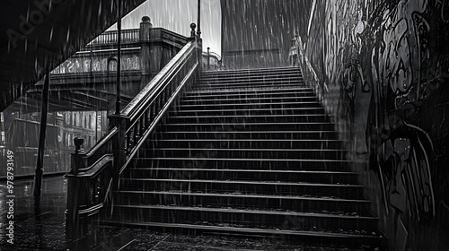 Black and white image of stairs in rain with bridge in background
