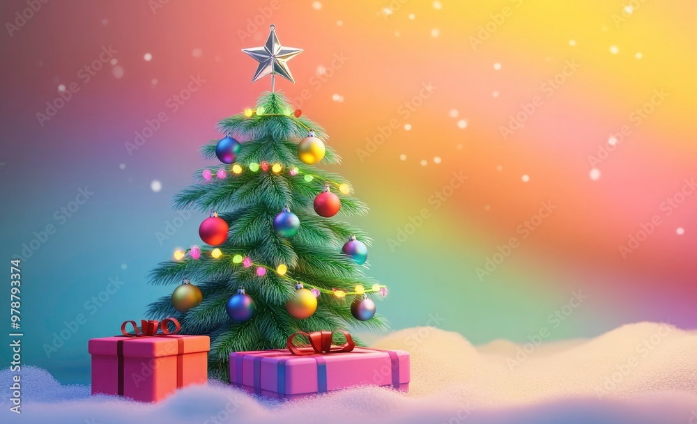 Christmas background with pine tree and Xmas decoration - Green Xmas tree with silver star on top. Gift box, snow around the tree on colorful background. Holiday Xmas card decoration, greeting card. Christmas background with pine tree and Xmas decoration - Green Xmas tree with silver star on top. Gift box, snow around the tree on colorful background. Holiday Xmas card decoration, greeting card.