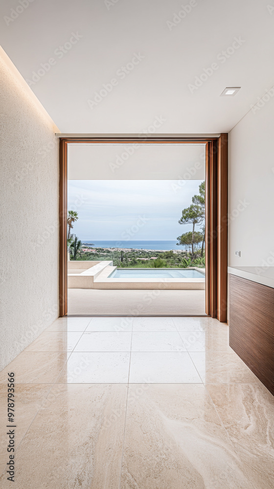Fototapeta premium Modern interior with large window showcasing a coastal view and poolside area in a contemporary home during the day