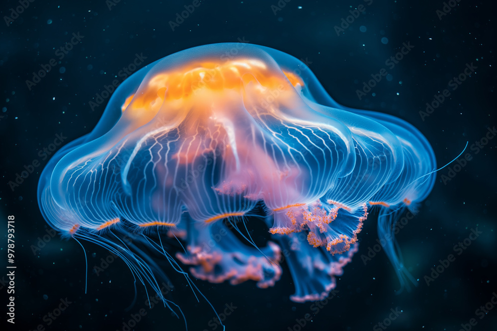 Vibrant Bioluminescent Jellyfish in Dark Ocean Waters Vibrant Bioluminescent Jellyfish in Dark Ocean Waters