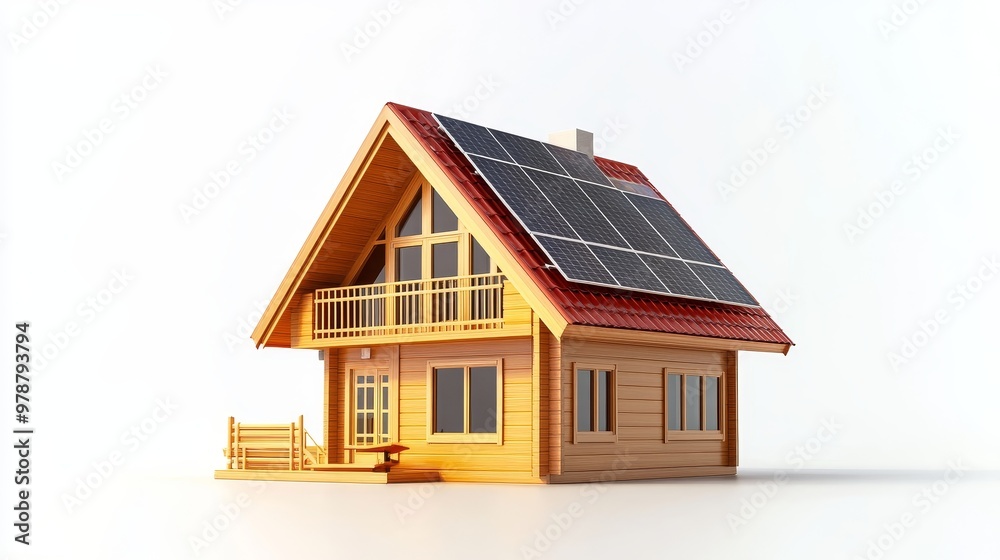Futuristic Smart Home Concept with Red Solar Panels and Real-Time Energy Data on White Background Futuristic Smart Home Concept with Red Solar Panels and Real-Time Energy Data on White Background