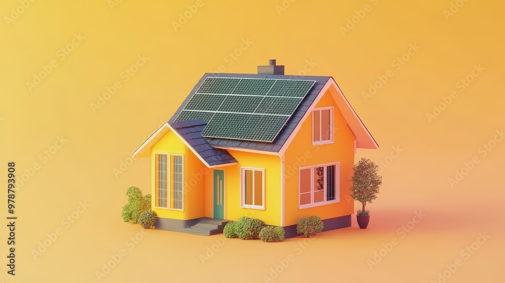Innovative Eco-Friendly Living: Modern Home with Solar Panels and Green Technology on Pale Orange Background Innovative Eco-Friendly Living: Modern Home with Solar Panels and Green Technology on Pale Orange Background