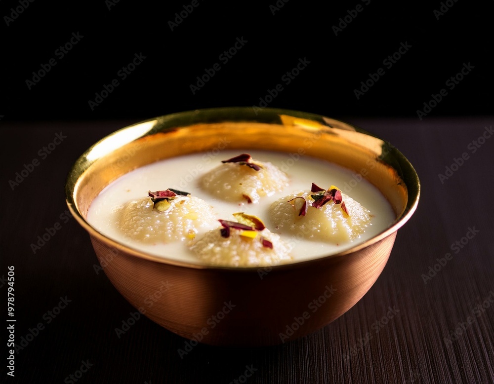 front view of tempting Rasmalai in a golden dessert bowl front view of tempting Rasmalai in a golden dessert bowl