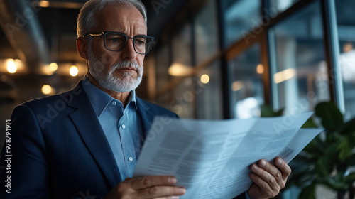 Senior executive in suit reading financial regulations, focused and serious in modern office, blurred financial charts background, emphasizing compliance and oversight in finance.