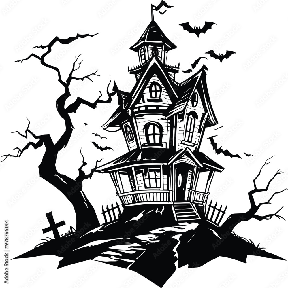 Halloween best hunted house graphic with mid night forest horror illustration Halloween best hunted house graphic with mid night forest horror illustration