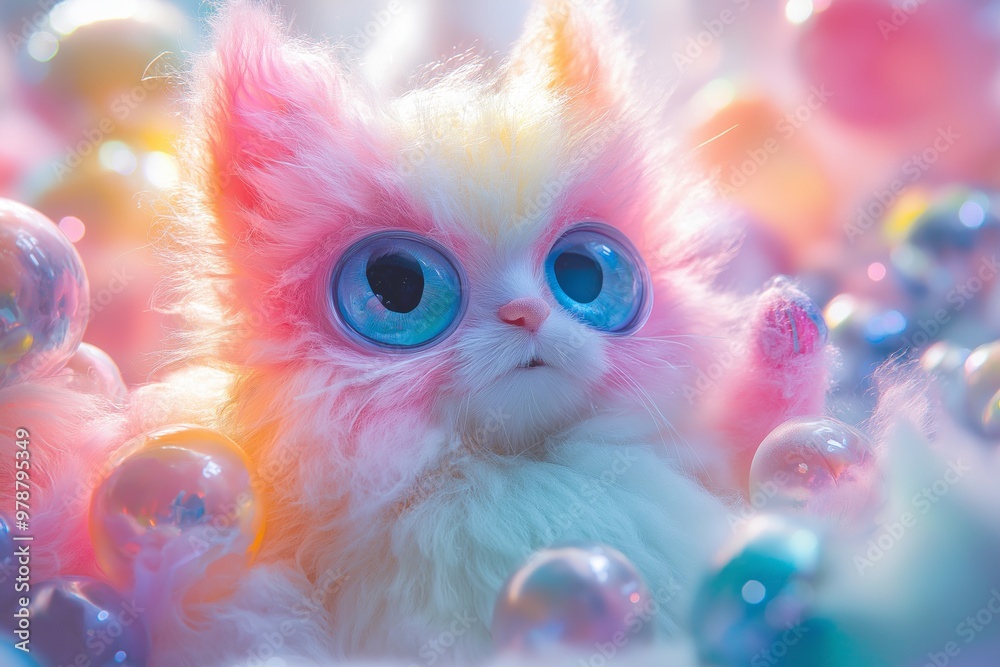 Cute fluffy cat with big blue eyes surrounded by iridescent bubbles. Cute fluffy cat with big blue eyes surrounded by iridescent bubbles.