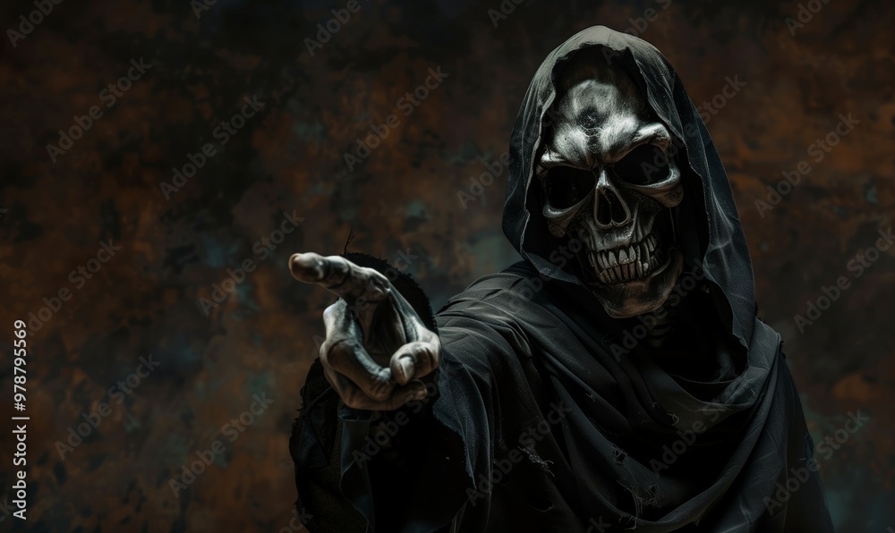 Grim reaper reaching towards the camera over dark background with copy space Grim reaper reaching towards the camera over dark background with copy space