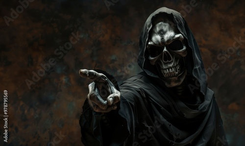 Grim reaper reaching towards the camera over dark background with copy space